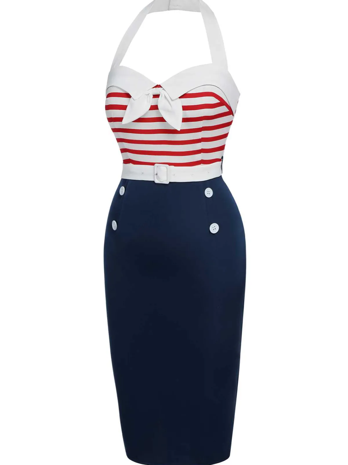 Sale Retro Stage 1960s Halter Stripes Bow Belted Dress Dark Blue