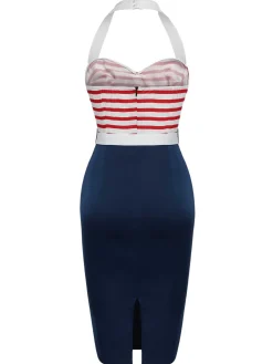 Sale Retro Stage 1960s Halter Stripes Bow Belted Dress Dark Blue