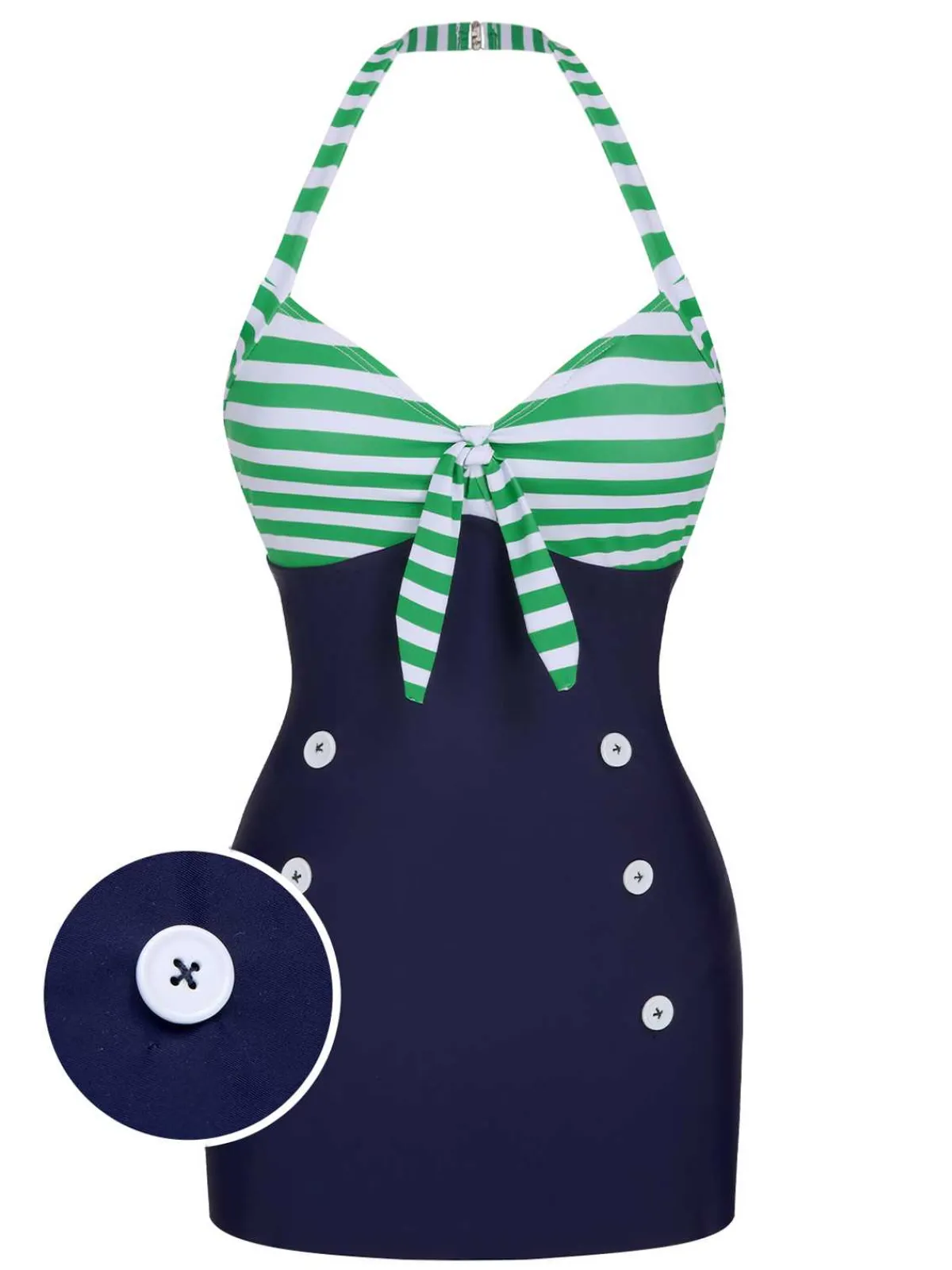 Sale Retro Stage 1960s Halter Strips Buttoned One-Piece Swimsuit Green