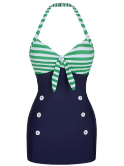 Sale Retro Stage 1960s Halter Strips Buttoned One-Piece Swimsuit Green