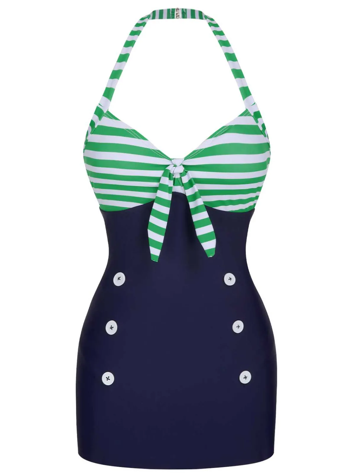Sale Retro Stage 1960s Halter Strips Buttoned One-Piece Swimsuit Green