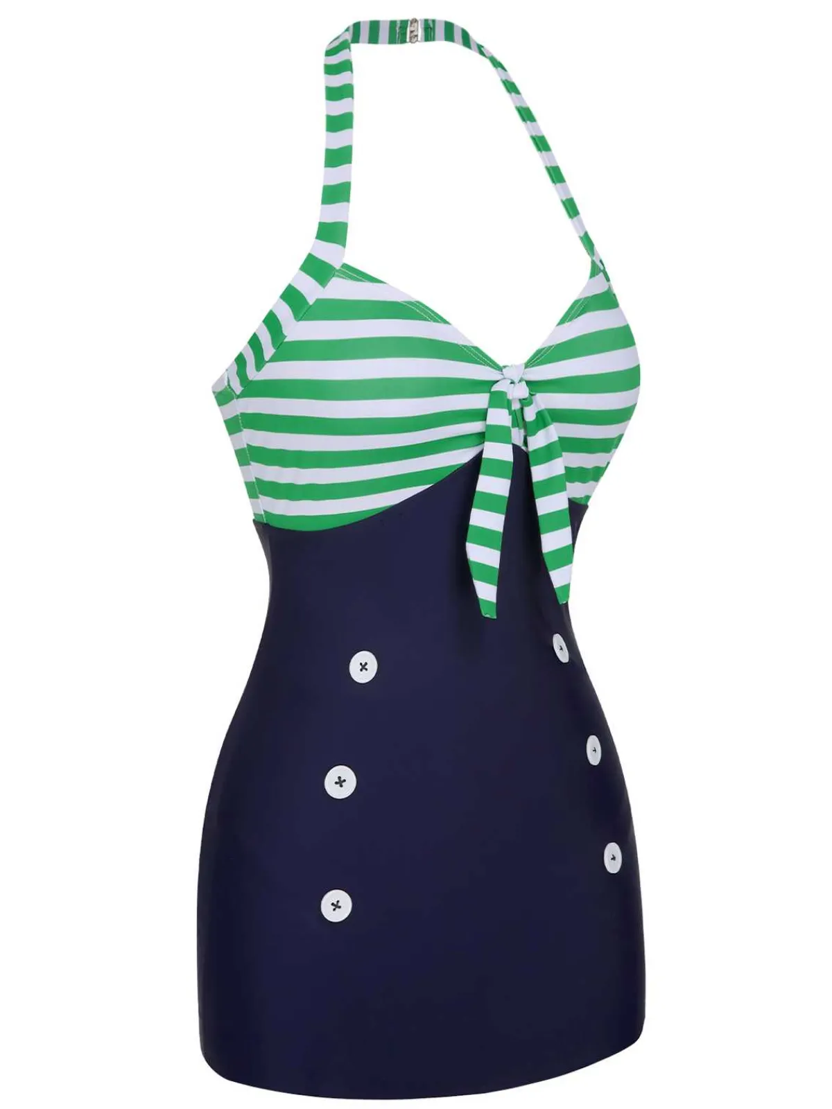 Sale Retro Stage 1960s Halter Strips Buttoned One-Piece Swimsuit Green