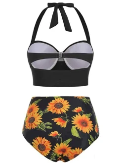 Outlet Retro Stage 1950s Halter Sunflower Pleated Bikini Set