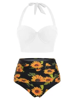 Outlet Retro Stage 1950s Halter Sunflower Pleated Bikini Set