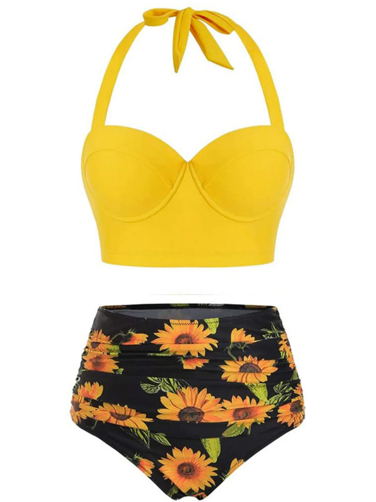 Outlet Retro Stage 1950s Halter Sunflower Pleated Bikini Set