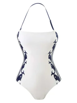 Sale Retro Stage 1940s Halter Swimsuit & Sailor-Stripe Shorts Set Blue & White