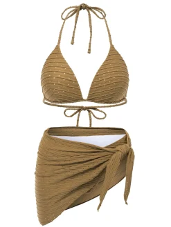 Outlet Retro Stage 1940s Halter Textured Solid Bikini Set & Cover-Up