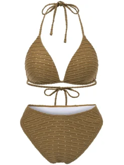Outlet Retro Stage 1940s Halter Textured Solid Bikini Set & Cover-Up