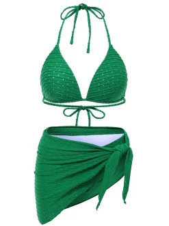 Outlet Retro Stage 1940s Halter Textured Solid Bikini Set & Cover-Up