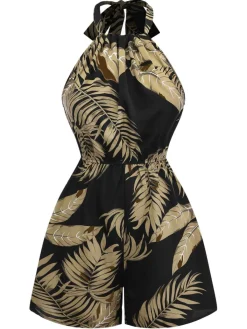 Discount Retro Stage 1950s Halter Tropical Palm-Leaf Romper