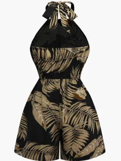 Discount Retro Stage 1950s Halter Tropical Palm-Leaf Romper
