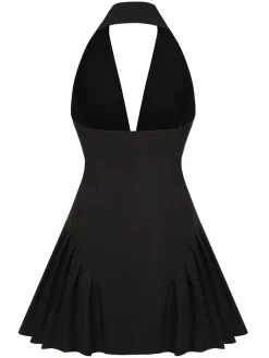 Best Retro Stage 1980s Halter V-Neck Backless Sleeveless Solid Dress