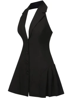 Best Retro Stage 1980s Halter V-Neck Backless Sleeveless Solid Dress