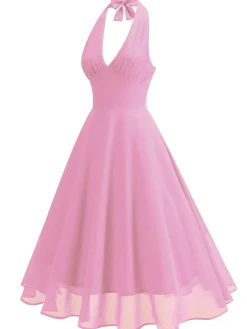 Sale Retro Stage 1950s Halter V-Neck Mesh Backless Dress