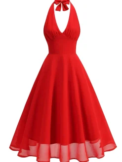 Sale Retro Stage 1950s Halter V-Neck Mesh Backless Dress