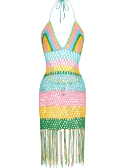 Clearance Retro Stage 1960s Handmade Crochet Tassel Halter Cover-Up Multicolor
