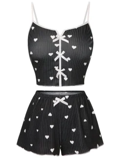 Fashion Retro Stage 1970s Heart Bow Spaghetti Strap Pajamas
