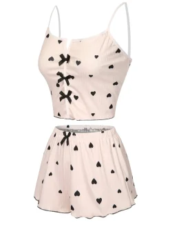 Fashion Retro Stage 1970s Heart Bow Spaghetti Strap Pajamas