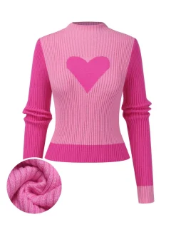 Outlet Retro Stage 1950s Heart Knitted Patchwork Sweater Pink