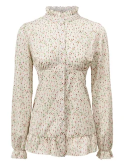 Online Retro Stage 1970s High Neck Ditsy Floral Ruffles Blouse Beige