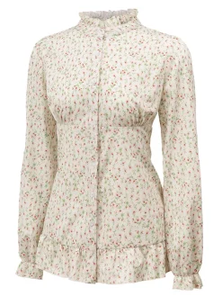 Online Retro Stage 1970s High Neck Ditsy Floral Ruffles Blouse Beige