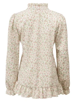 Online Retro Stage 1970s High Neck Ditsy Floral Ruffles Blouse Beige