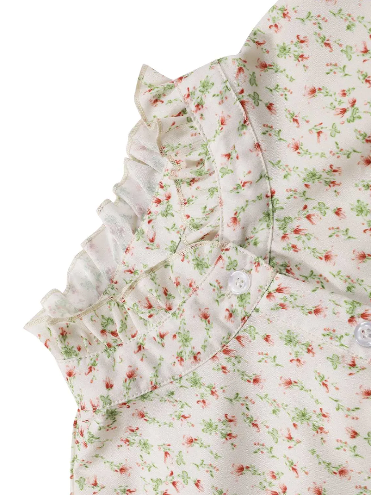 Online Retro Stage 1970s High Neck Ditsy Floral Ruffles Blouse Beige