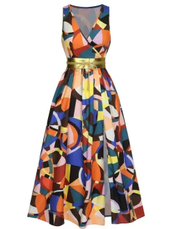 Fashion Retro Stage 1930s High Slit V-Neck Belted Dress