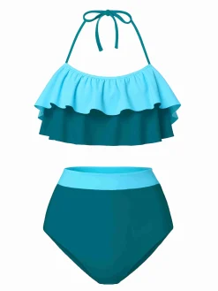 Clearance Retro Stage 1940s High-Waist Colorblock Ruffled Halter Swimsuit