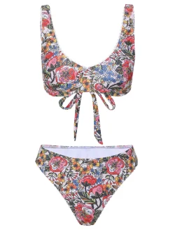 Discount Retro Stage 1970s Hippie Floral Wide Strap Swimsuit Pink