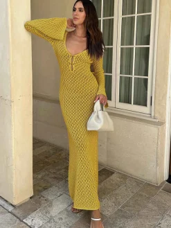 Fashion Retro Stage 1960s Hollow Knitted Maxi Dress Cover-Up
