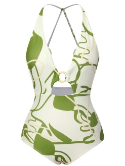 Discount Retro Stage 1950s Hollow Ring Backless Halter Swimsuit