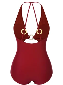 Discount Retro Stage 1950s Hollow Ring Backless Halter Swimsuit