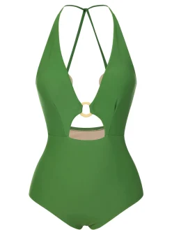 Discount Retro Stage 1950s Hollow Ring Backless Halter Swimsuit