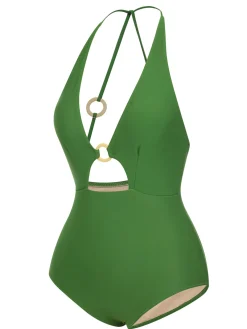 Discount Retro Stage 1950s Hollow Ring Backless Halter Swimsuit