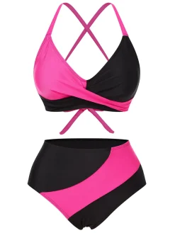 New Retro Stage 1970s Irregular Contrast Color Swimsuit