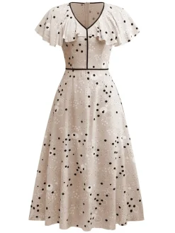 Hot Retro Stage 1940s Irregular Dots V-Neck Ruffled Dress