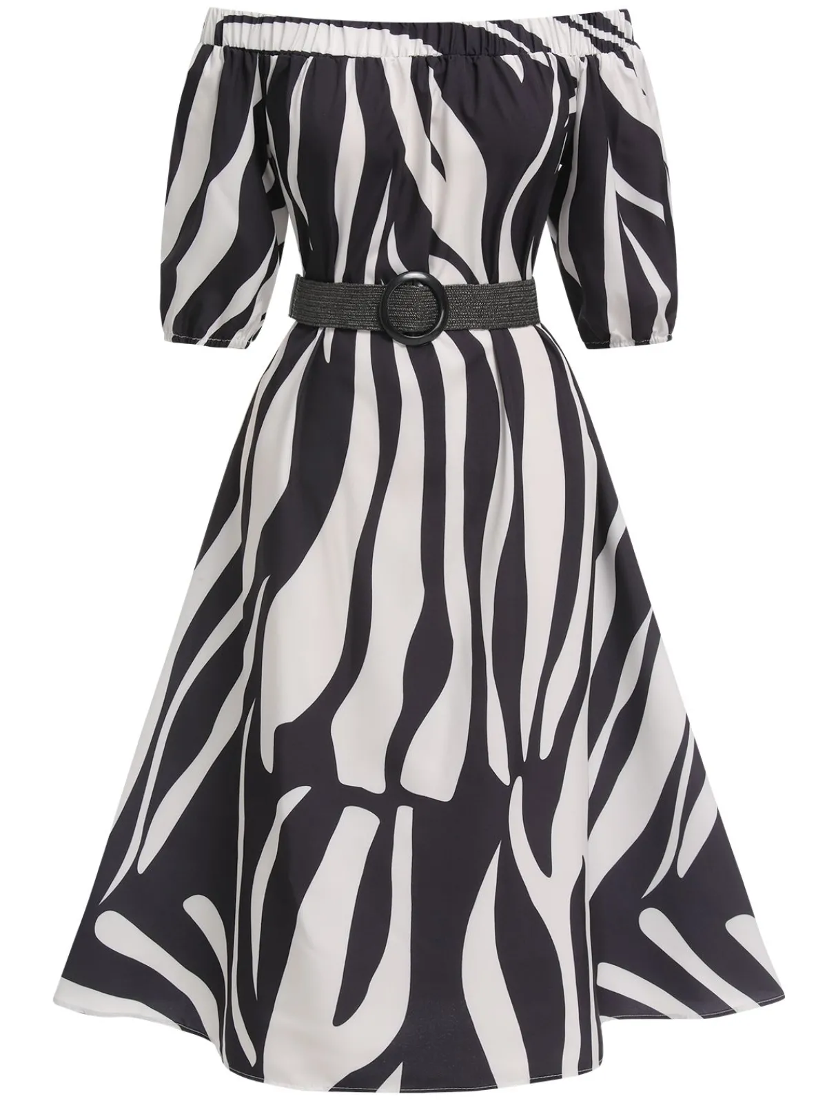 Best Retro Stage 1940s Irregular Print Off-shoulder Belted Dress Black