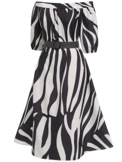 Best Retro Stage 1940s Irregular Print Off-shoulder Belted Dress Black