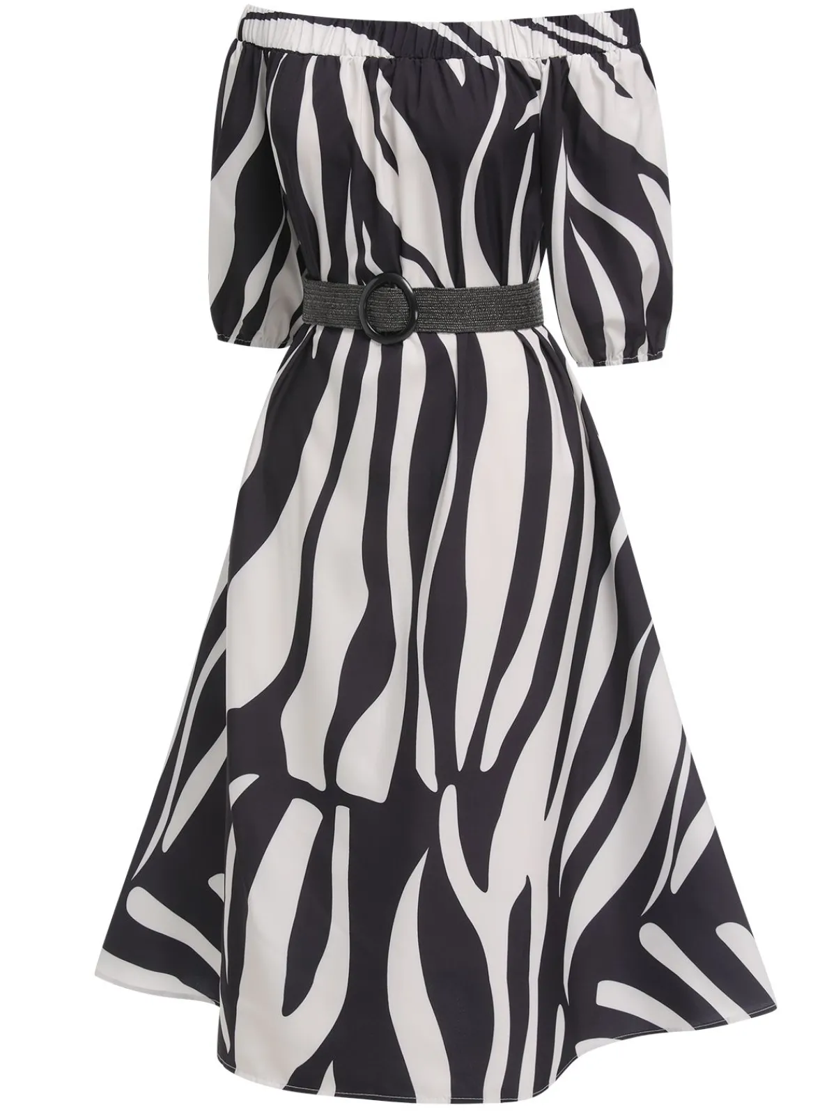 Best Retro Stage 1940s Irregular Print Off-shoulder Belted Dress Black