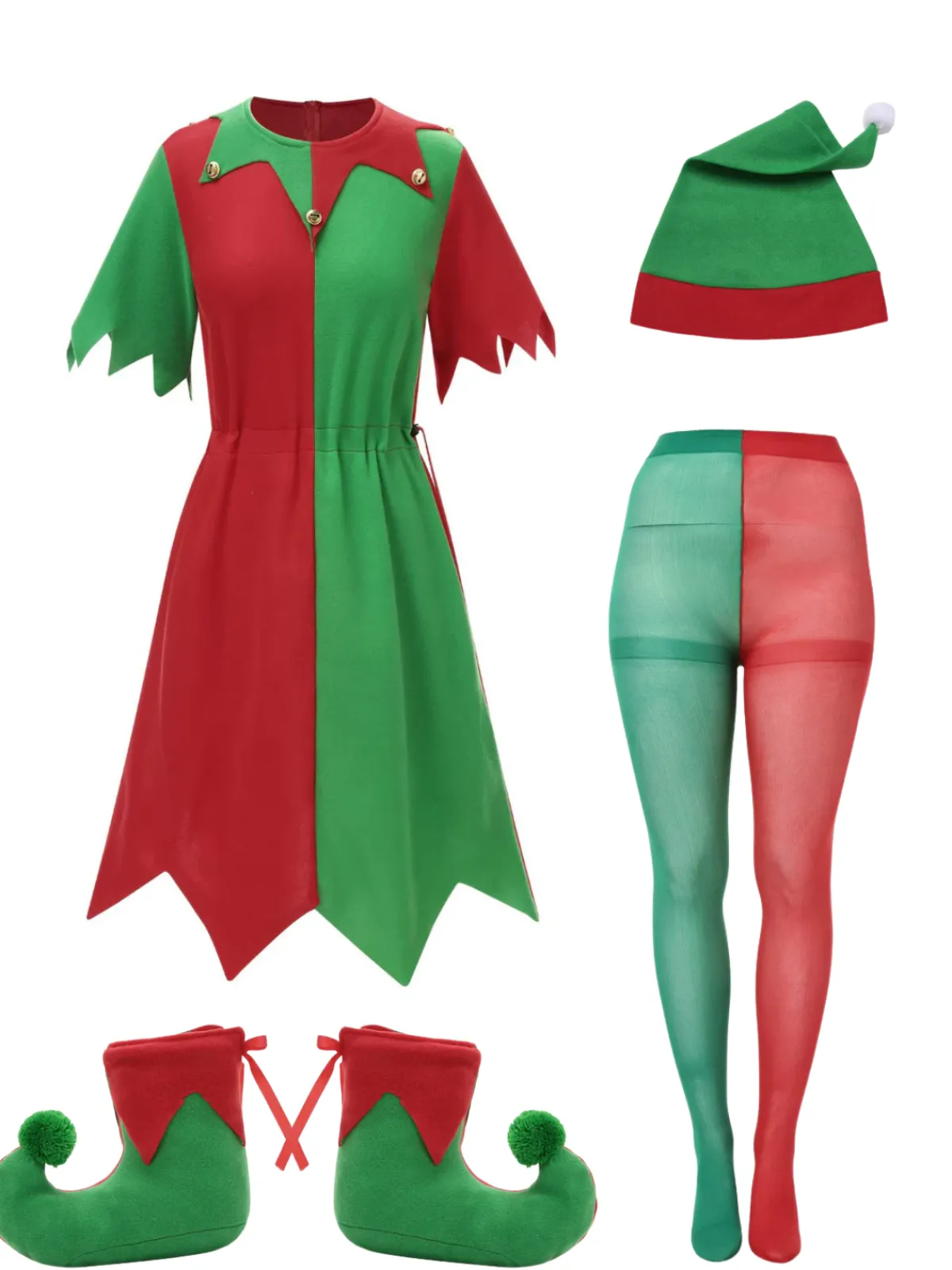 Online Retro Stage 1980s Jagged Christmas Hem Elf Costume Dress Set Red & Green