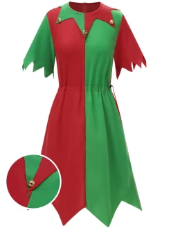Online Retro Stage 1980s Jagged Christmas Hem Elf Costume Dress Set Red & Green
