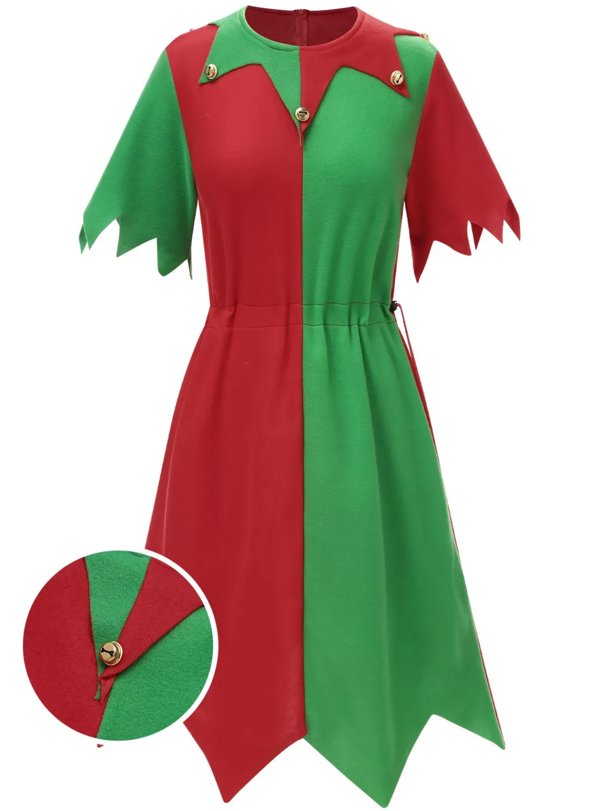 Online Retro Stage 1980s Jagged Christmas Hem Elf Costume Dress Set Red & Green