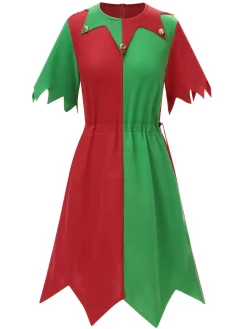 Online Retro Stage 1980s Jagged Christmas Hem Elf Costume Dress Set Red & Green