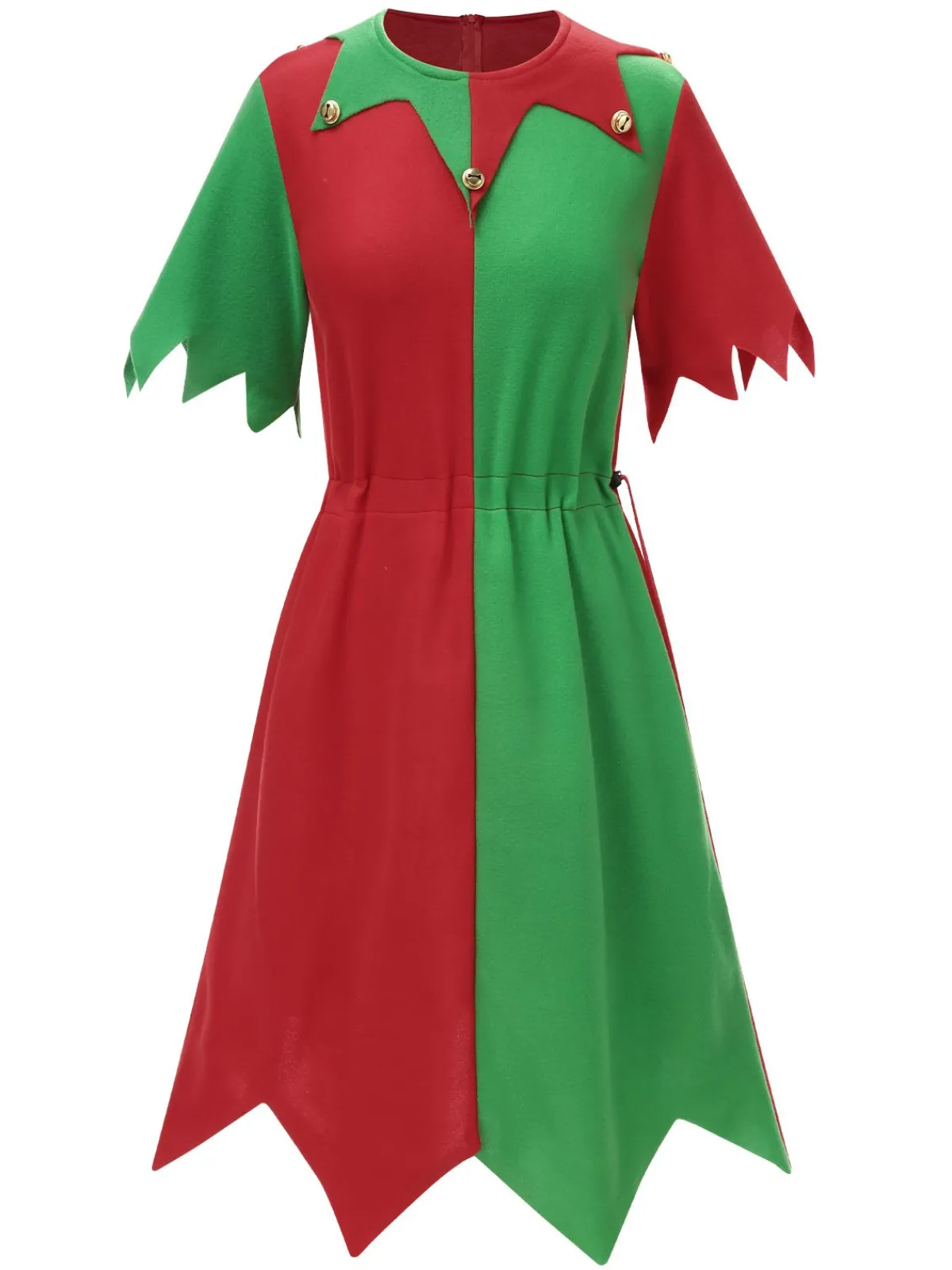 Online Retro Stage 1980s Jagged Christmas Hem Elf Costume Dress Set Red & Green