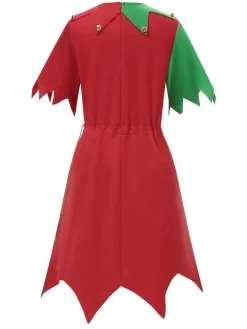 Online Retro Stage 1980s Jagged Christmas Hem Elf Costume Dress Set Red & Green