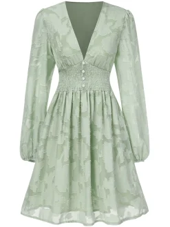 Sale Retro Stage 1960s Jaquard Floral Deep V-Neck Skater Dress