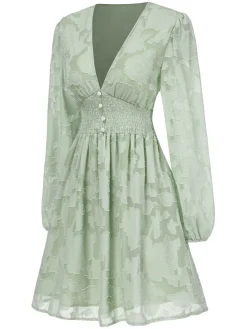 Sale Retro Stage 1960s Jaquard Floral Deep V-Neck Skater Dress