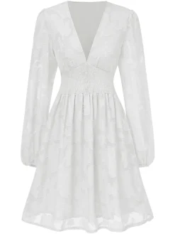 Sale Retro Stage 1960s Jaquard Floral Deep V-Neck Skater Dress