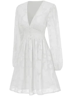 Sale Retro Stage 1960s Jaquard Floral Deep V-Neck Skater Dress